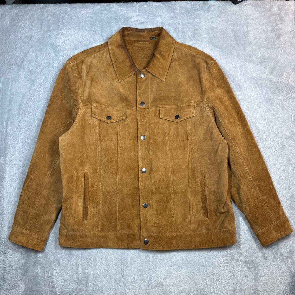 Roundtree & Yorke Suede Trucker Jacket Mens XL Brown Leather Snap Button 90s